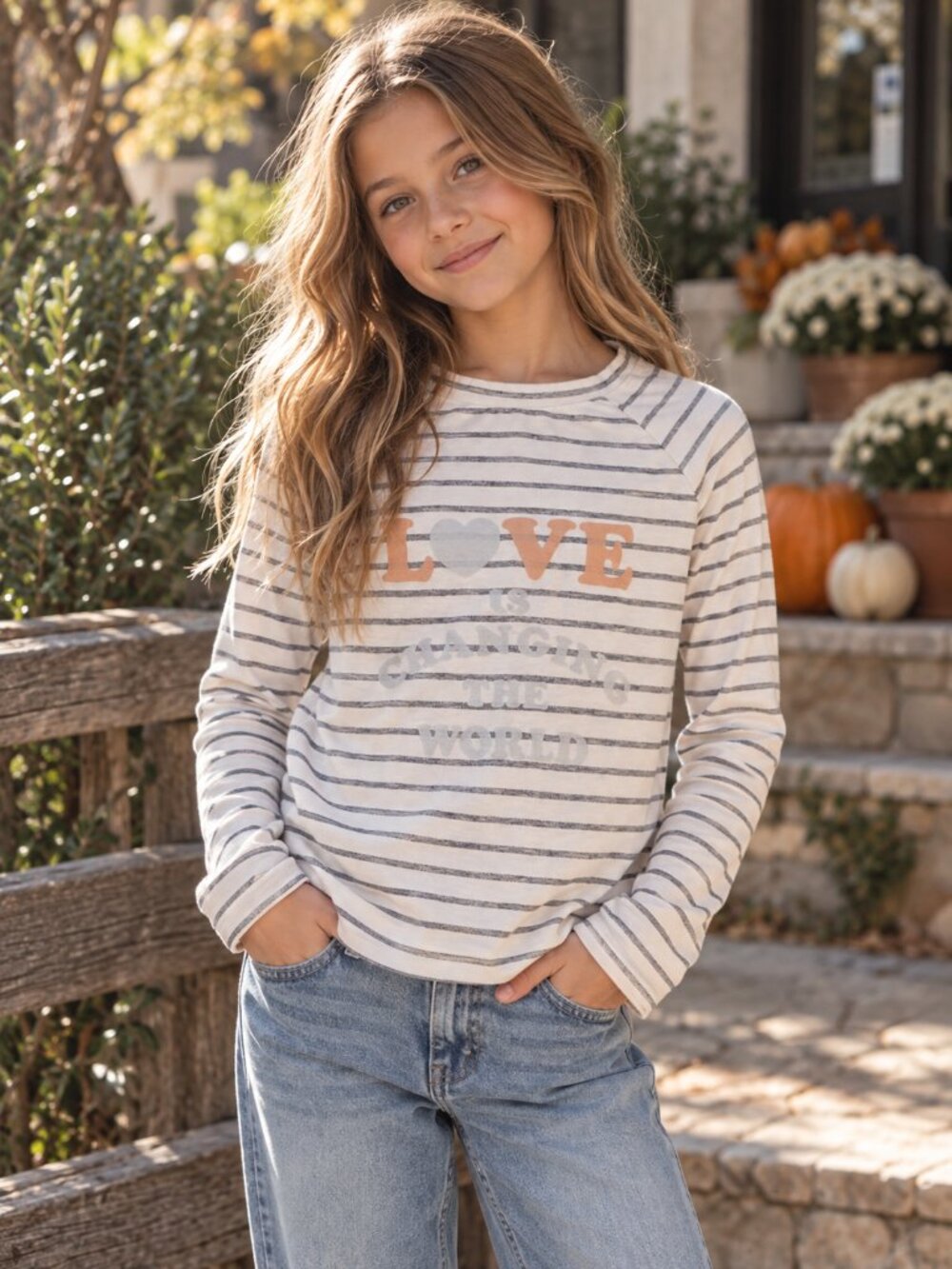 Peek Love is Changing the World Long Sleeve Striped Tee Girls XL 12